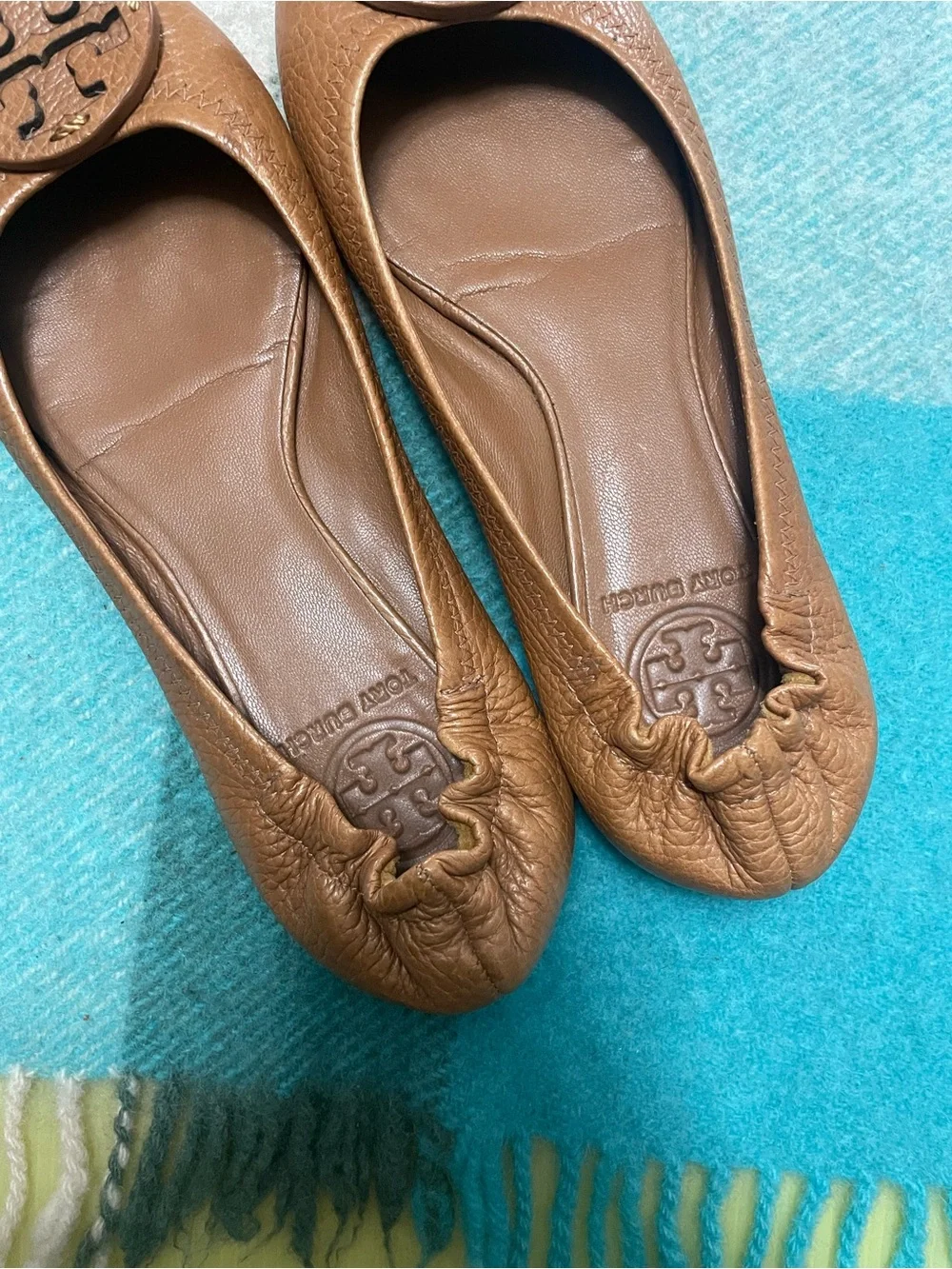 Tory Burch Reva Ballet Tan Pebbled Brown Leather Flats